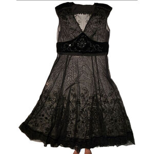 Vintage Y2K Black Sheer Lace Babydoll Overlay Dress Velvet Beaded Empire Size 14